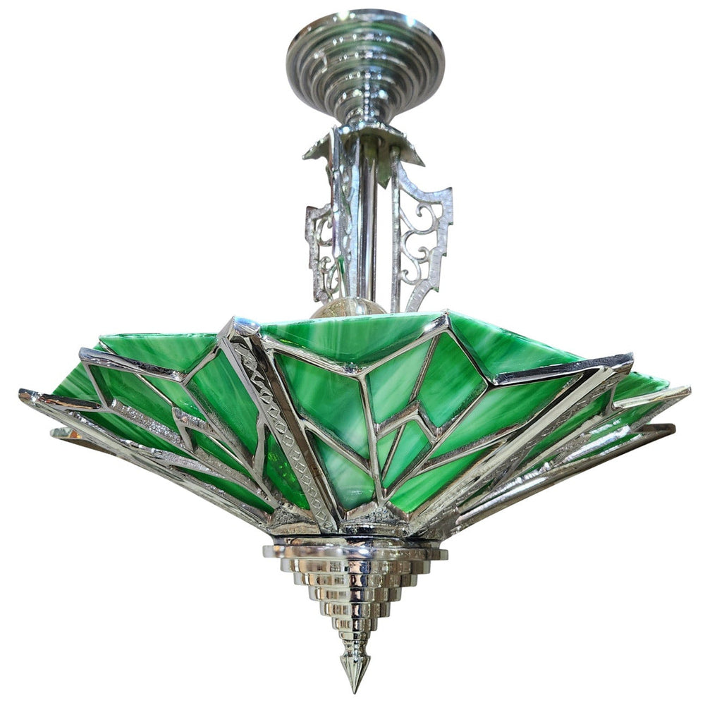 17 Inch Classic Art Deco Close Ceiling Light with Deco Green Glass (Polished Chrome Finish) COPPER MOUNTAIN HARDWARE
