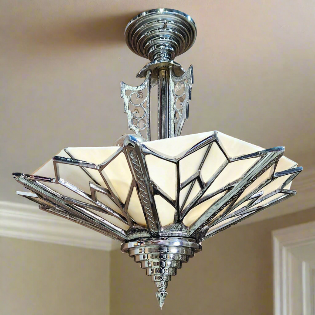17 Inch Classic Art Deco Close Ceiling Light with Pink Champagne Glass (Polished Chrome Finish) COPPER MOUNTAIN HARDWARE