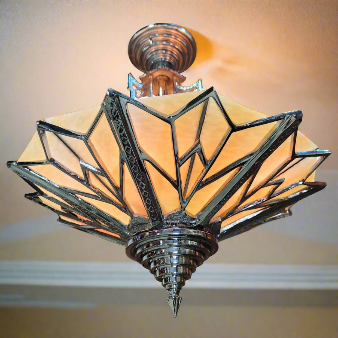 17 Inch Classic Art Deco Close Ceiling Light with Amber Glass (Polished Chrome Finish) COPPER MOUNTAIN HARDWARE