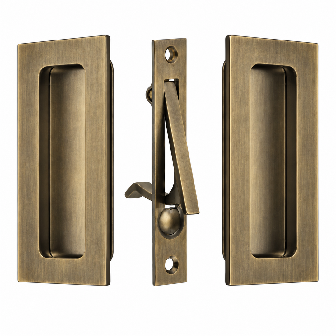 4 Inch Solid Brass Modern Rectangular Pocket Door Pull Set