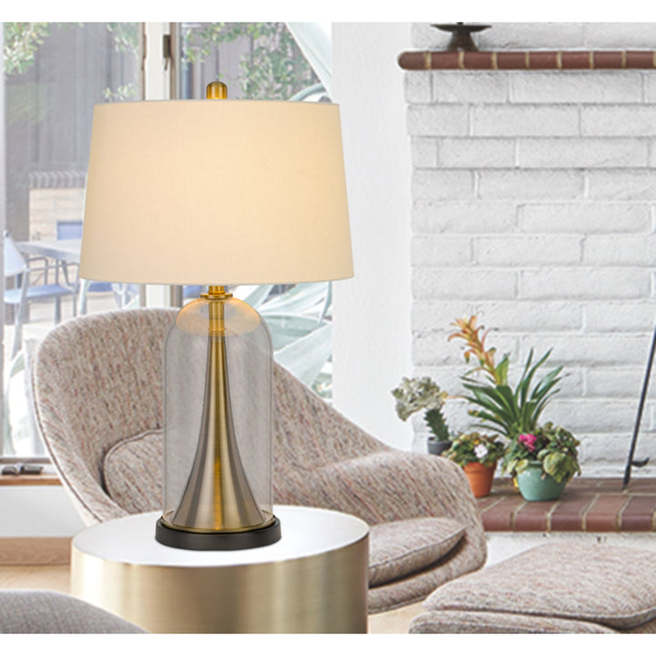 150W 3 WAY CAMARGO GLASS/METAL TABLE LAMP WITH HARDBACK TAPER DRUM FABRIC SHADE Cal Lighting