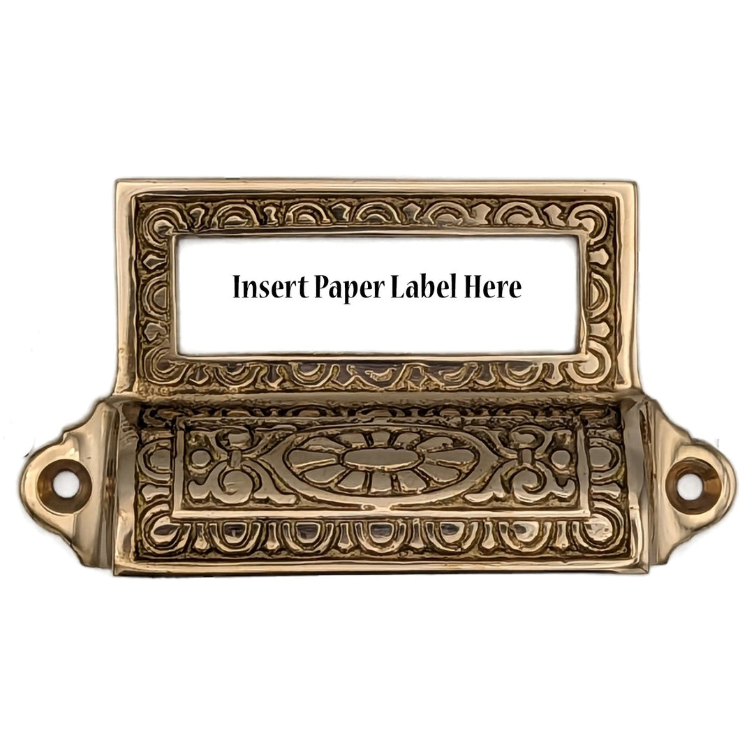 COPPER MOUNTAIN HARDWARE 4 1/8 Inch Overall Solid Brass Victorian Label Style Bin Pull