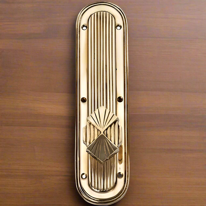##Antique Hardware## Art Deco Lined Backplate Door Set with Art Deco Fanfare Door Knobs (Several Finishes Available)