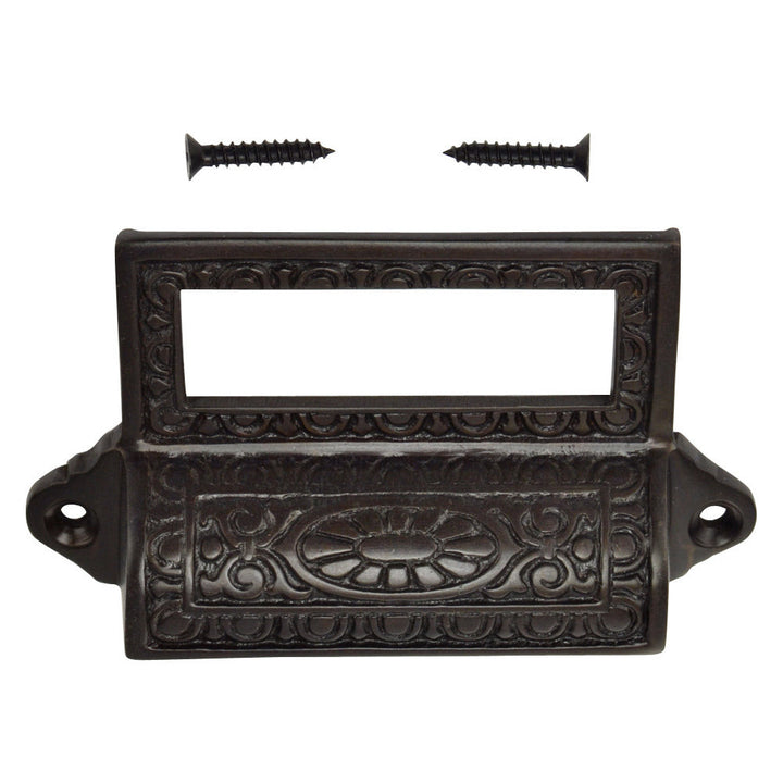 4 1/8 Inch Overall (3 1/2 Inch c-c) Solid Brass Victorian Label Style Bin Pull