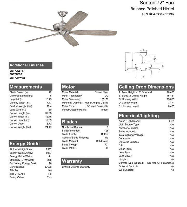 Antique Hardware 72" Santori in Brushed Polished Nickel w/ Coffee Blades Ceiling Fan