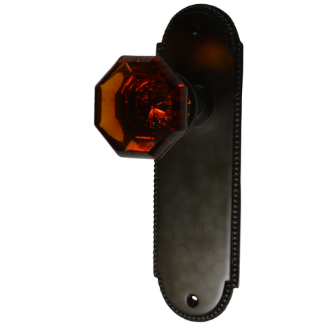 Arched Beaded Backplate Door Set with Octagon Amber Glass Door Knobs (Several Finishes Available) COPPER MOUNTAIN HARDWARE